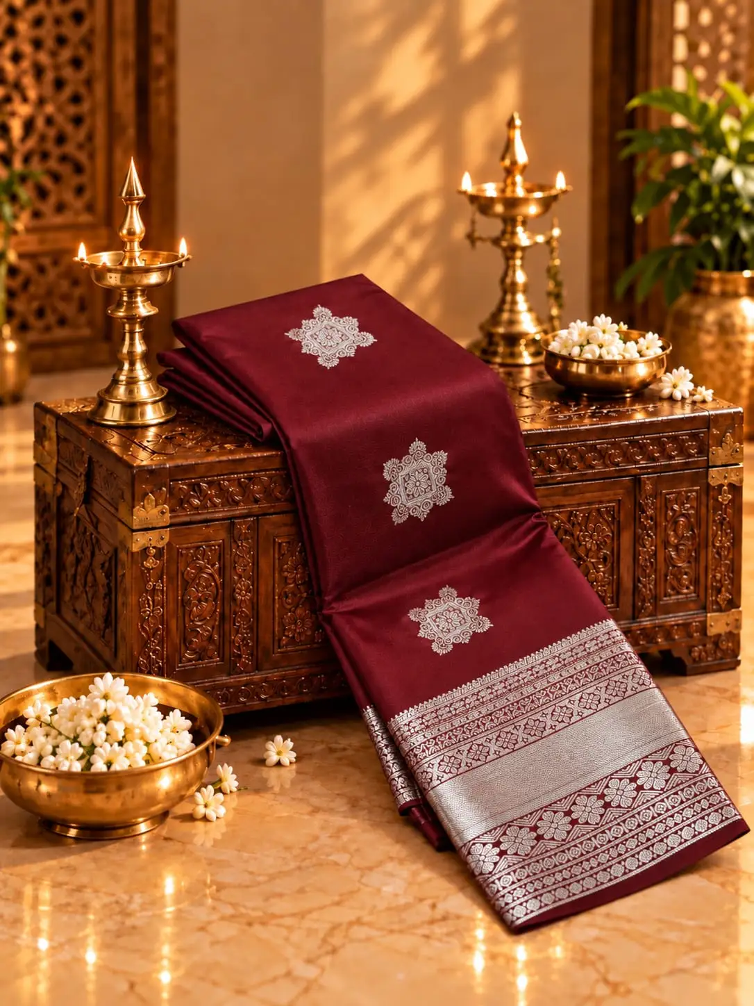 Floral Medallion Zari Border Soft Silk Saree